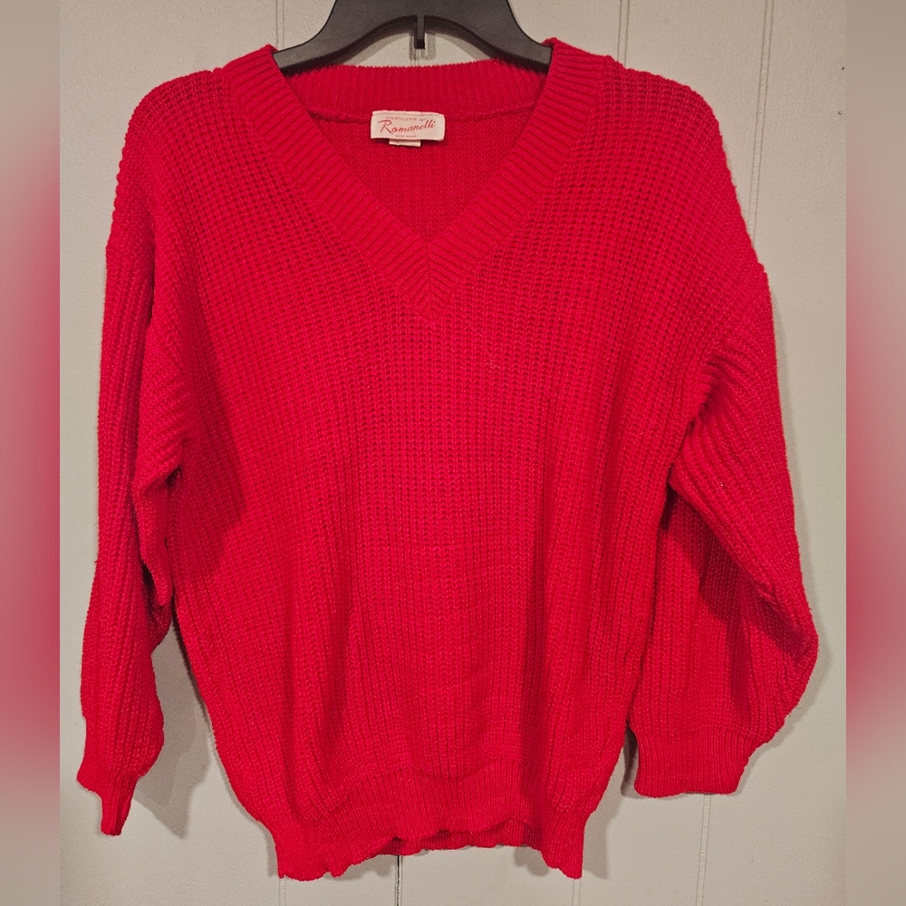 Vintage Romanelli Women Red Acrylic Open Knit Sweater Made In USA 20" Pit To Pit